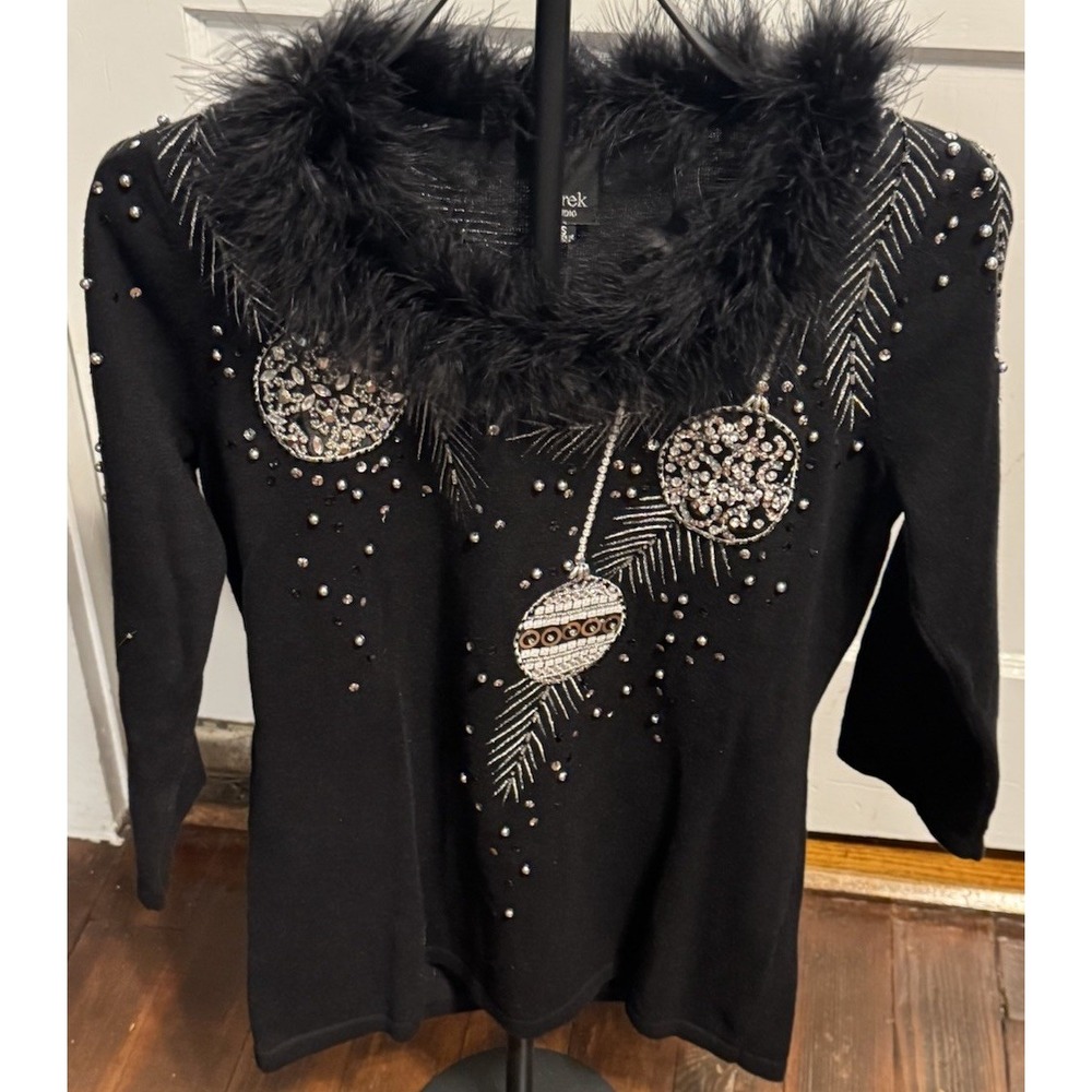 Berek Women's Small Black Christmas Sweater Faux Fur  Ornament Beaded